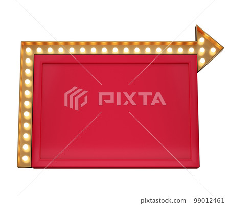 3d retro red and gold signboard with glowing yellow light bulb . Concept of billboard design for cinema, casino, marquee or nightclub . 3d high quality render 99012461