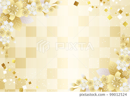 Japanese background gold with diagonal golden cherry blossoms and checkered pattern 99012524