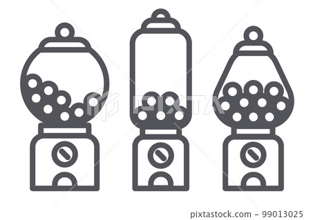 Gumball machine line icon set. Retro vending dispenser for candies and bubblegums. Sweets slot vector illustration isolated on white background Gumball machine line icon set. Retro vending dispenser for candies and bubblegums. Sweets slot vector illustration isolated on white background 99013025
