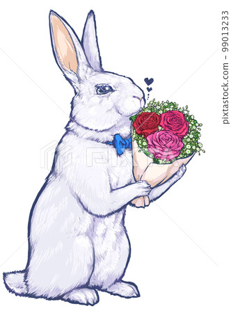 Confession of love, a rabbit giving a bouquet... - Stock Illustration ...