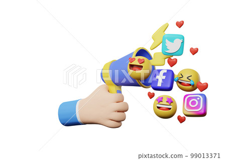 3d rendering of hand holding megaphone, digital marketing social media 99013371