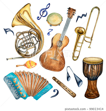 Set of musical instruments and symbol watercolor illustration isolated. Set of musical instruments and symbol watercolor illustration isolated. 99013414