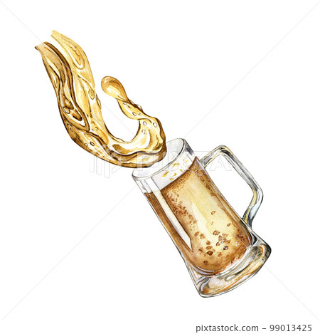 Glass of beer and splash watercolor illustration isolated on white background. 99013425