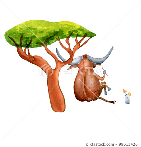 Cartoon buffalo resting watercolor illustration isolated on white. 99013426