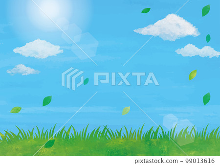 Meadow, sky and green leaves watercolor landscape 99013616