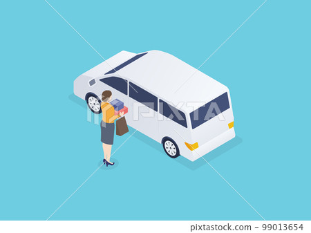 Isometric | Fashionable young woman trying to unlock the car with her hands full after shopping a lot 99013654