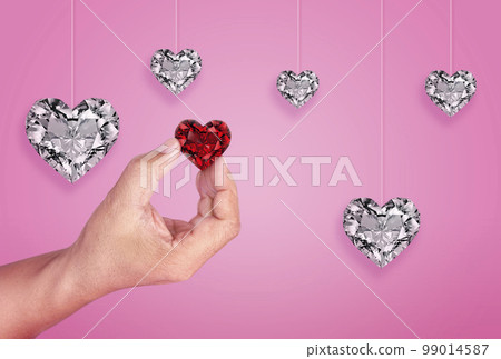 A Man hand holding red heart diamond, happy valentines day greeting background pink 99014587