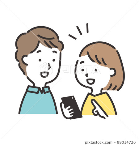 Illustration of a young couple operating a smartphone with a smile 99014720