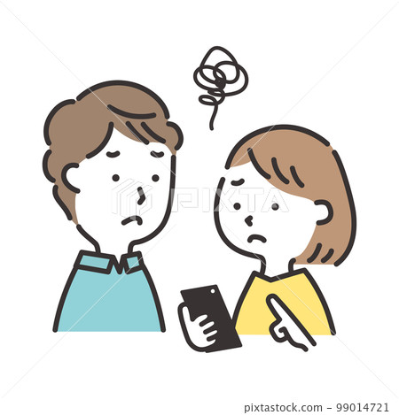 一對年輕夫婦在看智能手機時擔心的插圖 99014721