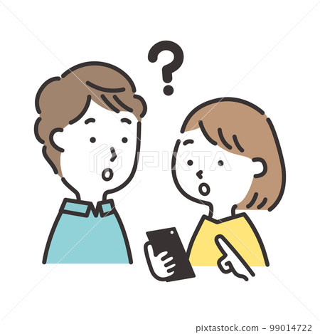 一對年輕夫婦在看智能手機時面帶疑問的插圖 99014722