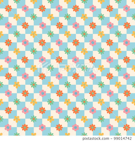 Groovy hippie Happy Easter seamless pattern. Backgrounds with flower in trendy retro 60s 70s cartoon style. 99014742