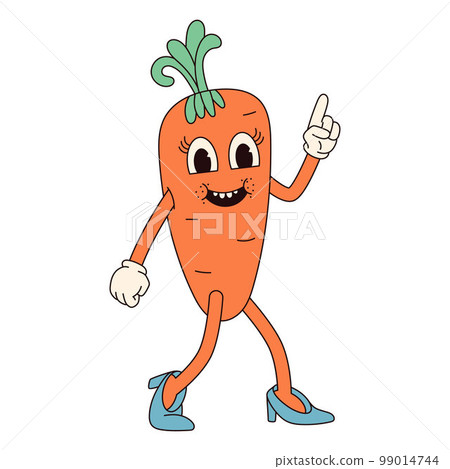 Groovy hippie Happy Easter character. Easter carrot in trendy retro 60s 70s cartoon style. 99014744