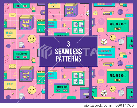 Set of vaporwave UI and UX elements seamless pattern. PC retro game frame. Nostalgic style 70s, 80s, 90s. Set of vaporwave UI and UX elements seamless pattern. PC retro game frame. Nostalgic style 70s, 80s, 90s. 99014769