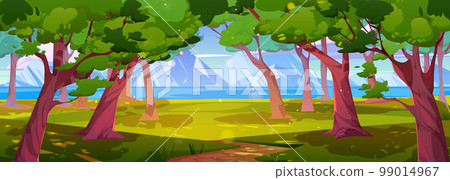 Forest summer valley scene with lake, mountain 99014967