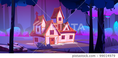 Forest landscape with house and trees at night 99014979