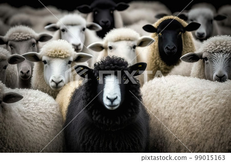A black sheep surround with normal white sheep metaphor to be outstanding or unique. A black sheep surround with normal white sheep metaphor to be outstanding or unique. 99015163