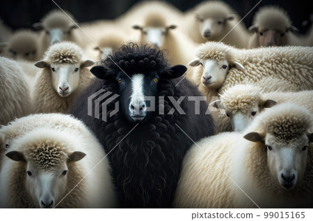 A black sheep surround with normal white sheep metaphor to be outstanding or unique. A black sheep surround with normal white sheep metaphor to be outstanding or unique. 99015165
