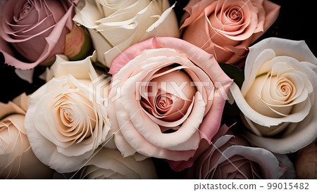 Closed up beautiful bouquet of many color roses realistic graphic illustration banner template background. Valentine love or wedding concept. Closed up beautiful bouquet of many color roses realistic graphic illustration banner template background. Valentine love or wedding concept. 99015482