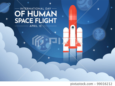International Human Space Flight Day on April 12 Illustration with Rocket and Kids Astronaut in Flat Cartoon Hand Drawn for Landing Page Templates 99016212