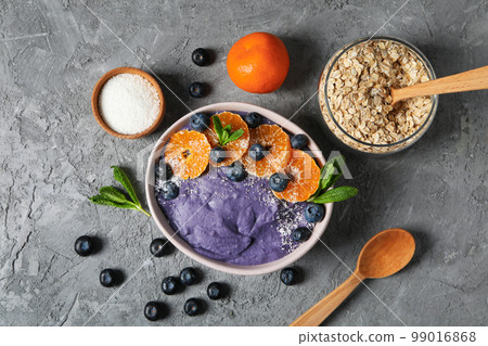 Concept of healthy food with acai smoothie, top view 99016868