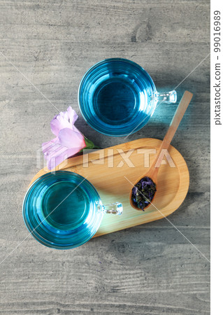 Concept of tasty hot drink, Anchan tea, top view 99016989