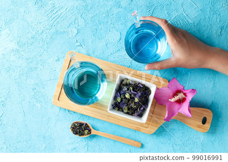 Concept of tasty hot drink, Anchan tea, top view 99016991
