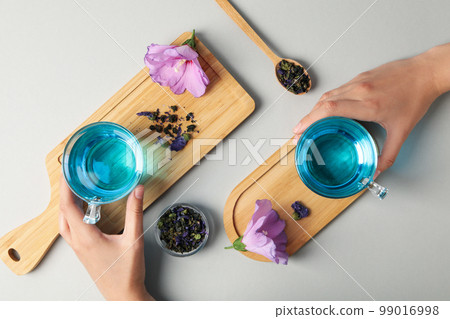 Concept of tasty hot drink, Anchan tea, top view 99016998