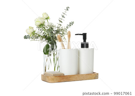Concept of bath accessories, different bath supplies, isolated on white background 99017061