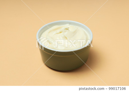 Concept of egg sauce, mayonnaise on beige background 99017106