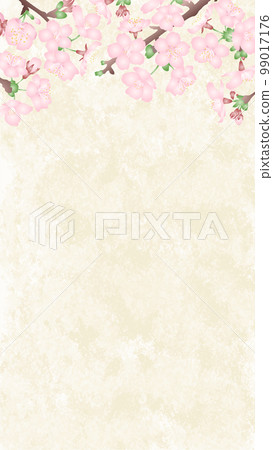 Japanese-style vector illustration of three-dimensional cherry blossoms on a Japanese paper-style background Vertical type 99017176
