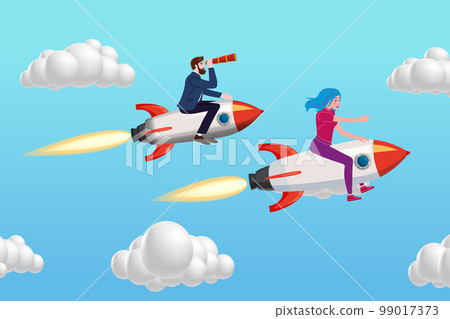 Businessman with Businesswoman on a rockets fly through sky. Start up, goal achievement metaphors. Clouds background. Vector illustration 99017373