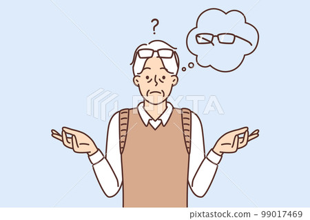 Sad man spreads arms thinking about glasses that have ceased to solve vision problems 99017469