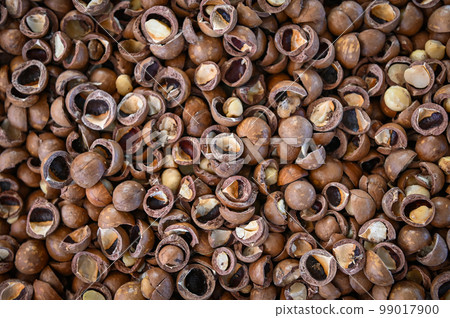 macadamia nuts texture background, fresh natural shelled raw macadamia nuts in a full frame, close up pile of roasted macadamia nut - top view 99017900