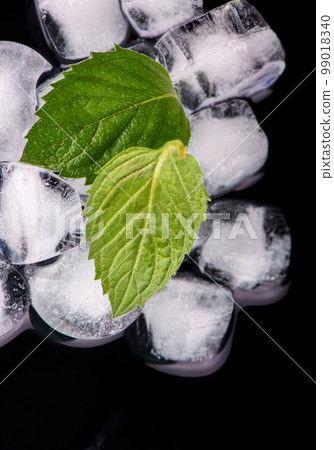 Cocktail preparation. Ice cube with mint leaves on black background 99018340