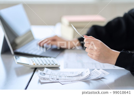 Asian woman entering expenses in accounting software 99018641