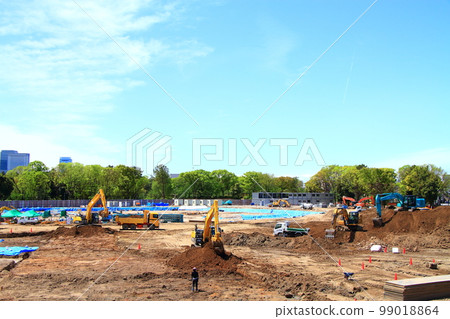 Scenery of a large-scale construction site where large heavy machinery is active 99018864