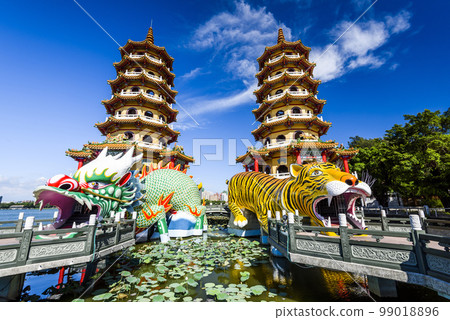 Architecture view of the Dragon and Tiger Pagodas in Lotus Pond of Kaohsiung, Taiwan. it is a temple located at Lotus Pond. Architecture view of the Dragon and Tiger Pagodas in Lotus Pond of Kaohsiung, Taiwan. it is a temple located at Lotus Pond. 99018896