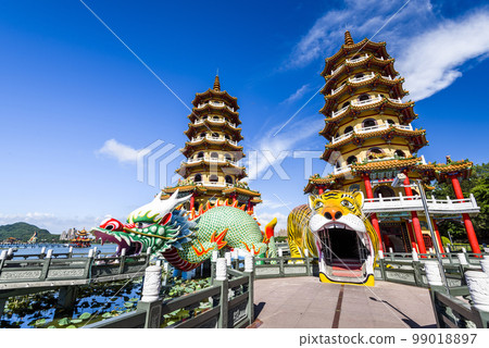 Architecture view of the Dragon and Tiger Pagodas in Lotus Pond of Kaohsiung, Taiwan. it is a temple located at Lotus Pond. 99018897