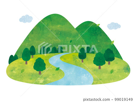 Simple watercolor landscape of mountains, rivers and forests 99019149