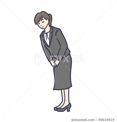 一個穿著西裝的女人全身鞠躬的插圖 一個穿著西裝的女人全身鞠躬的插圖 99019919