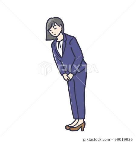 一個穿著褲子西裝鞠躬的女人的插圖，全身 99019926