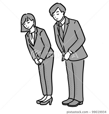 Monochrome illustration of men and women in suits bowing, whole body Monochrome illustration of men and women in suits bowing, whole body 99019934