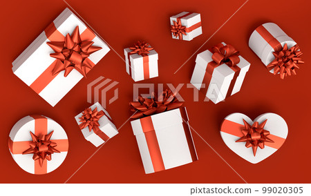 Gift boxes with ribbon and bow for Merry Christmas flying and falling on red 99020305
