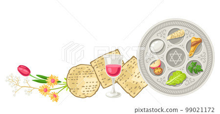 Happy Pesach Jewish Passover plate illustration. Holiday background with traditional symbols. 99021172
