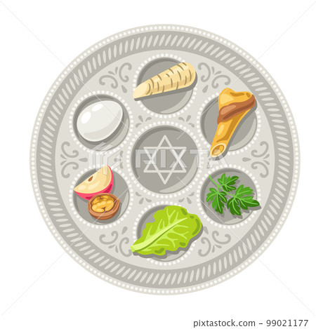 Happy Pesach Jewish Passover plate illustration. Holiday background with traditional symbols. Happy Pesach Jewish Passover plate illustration. Holiday background with traditional symbols. 99021177