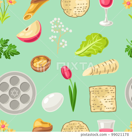 Happy Pesach Jewish Passover plate seamless pattern. Holiday background with traditional symbols. 99021178