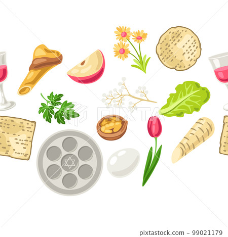Happy Pesach Jewish Passover plate seamless pattern. Holiday background with traditional symbols. 99021179