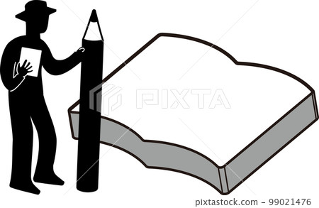 A silhouette of a man holding a large pencil and explaining in front of a large book/notebook A silhouette of a man holding a large pencil and explaining in front of a large book/notebook 99021476
