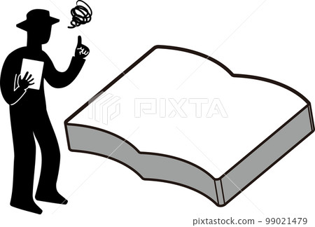 A silhouette of a man holding a document that raises his index finger in front of a large book/notebook and is confused A silhouette of a man holding a document that raises his index finger in front of a large book/notebook and is confused 99021479