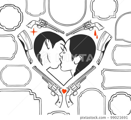 Hand drawn vector abstract graphic illustration Valentines day cards template, lesbian kissing couple portrait set in heart silhouette.Lgbt couple kissing together.Valentines beautiful design concept. 99021691